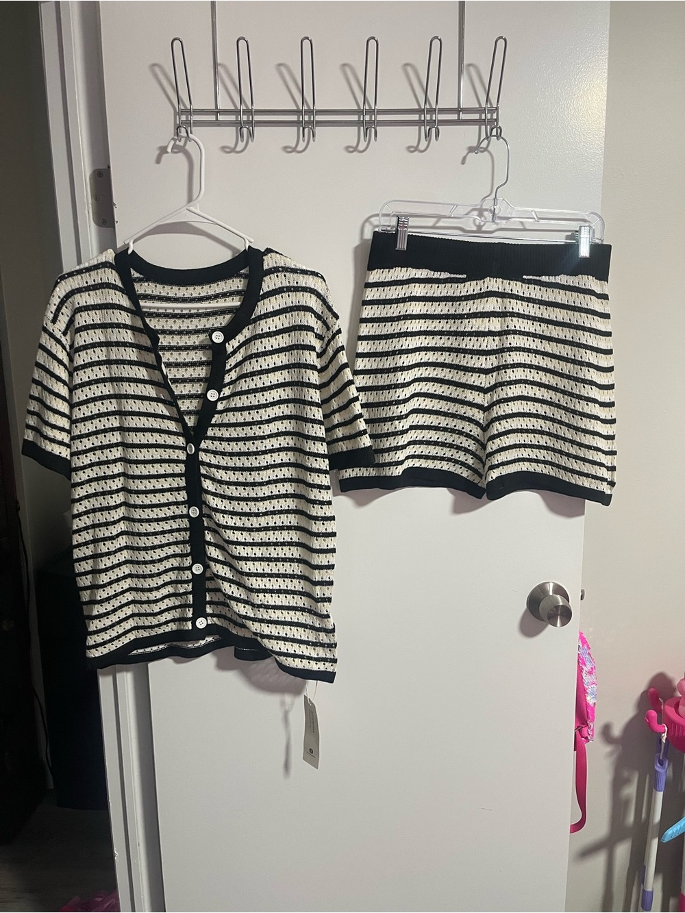 Amazon Black and Cream Striped Knit Button Up Short Sleeve Top And Short Set-L